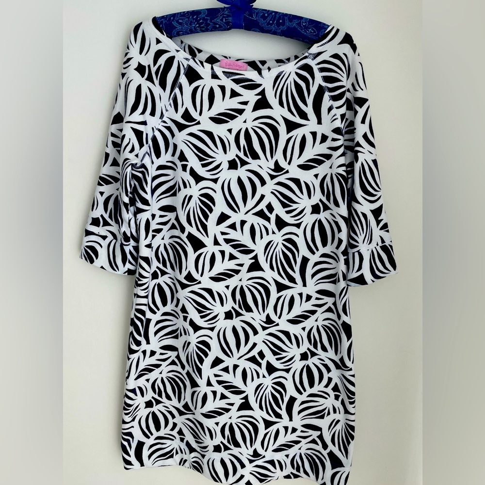 LILLY PULITZER Navy Blue and White Cotton Dress 3/4 sleeve Size M